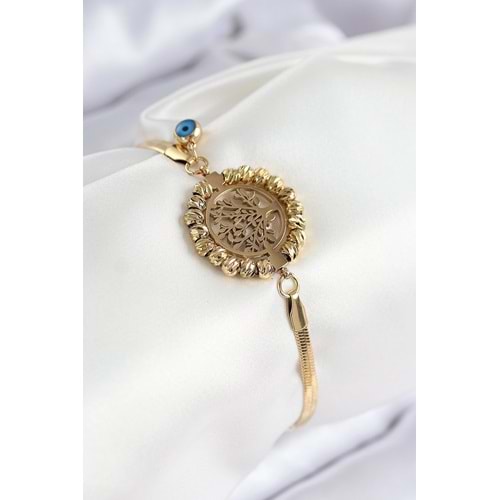 316L Çelik Nazar Boncuk Detaylı Hayat Ağacı Model İtalyan Zincir Gold Renk Kadın Bileklik