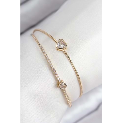 Pirinç Zirkon Taşlı Kalp Model Gold Renk Kadın Bileklik