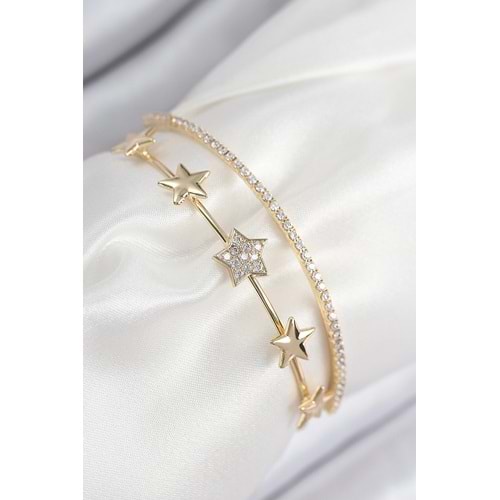 Pirinç Zirkon Taşlı Yıldız Model Gold Renk Kadın Bileklik