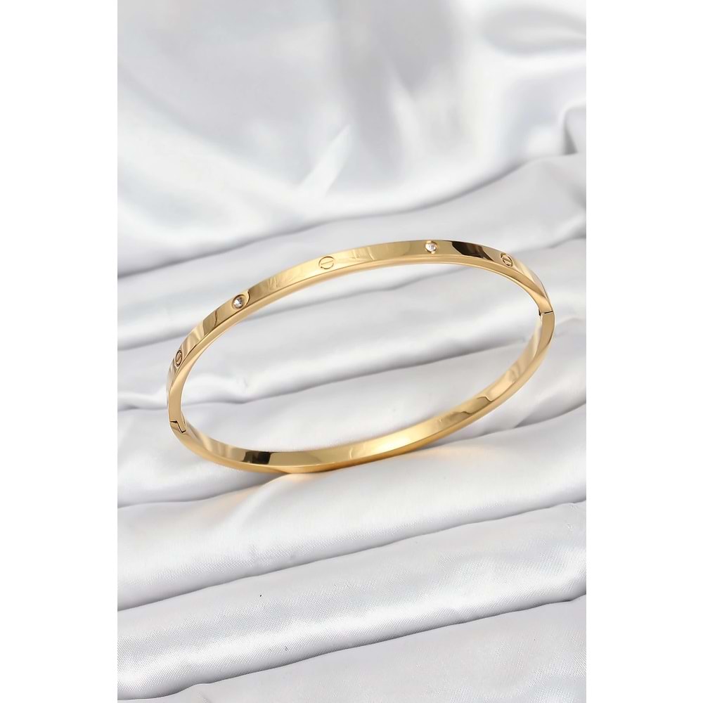 316L Çelik Gold Renk Zirkon Taşlı 65 mm İnce Kadın Kelepçe Bileklik