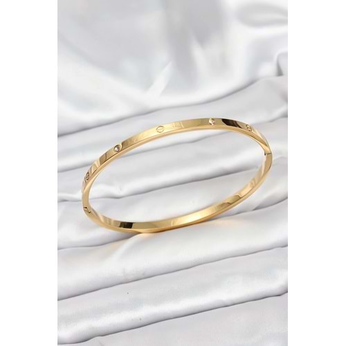 316L Çelik Gold Renk Zirkon Taşlı 65 mm İnce Kadın Kelepçe Bileklik