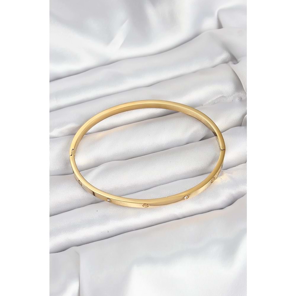 316L Çelik Gold Renk Zirkon Taşlı 65 mm İnce Kadın Kelepçe Bileklik