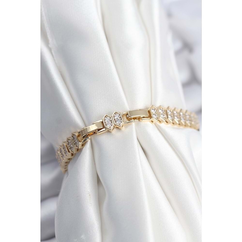 Pirinç VIP Seri Gold Renk Zirkon Taşlı Kadın Bileklik