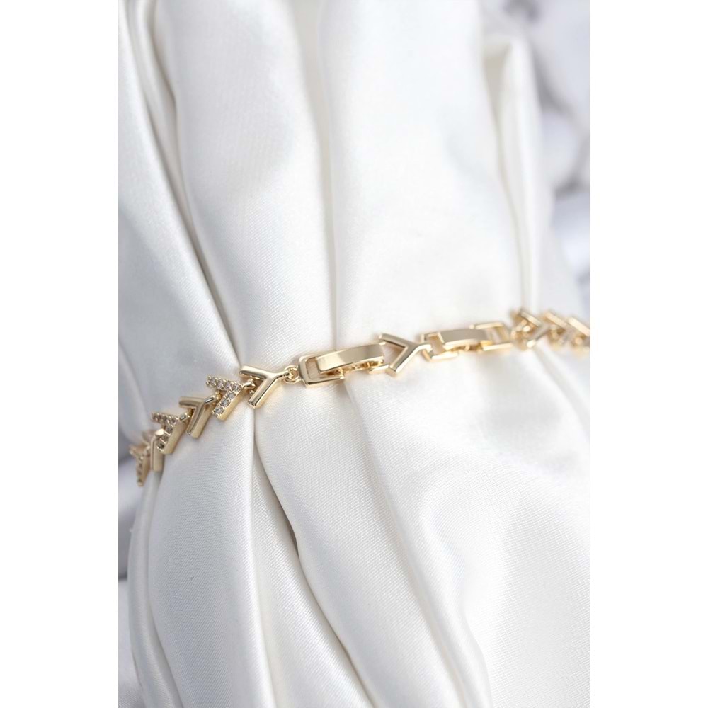 Pirinç VIP Seri Gold Zirkon Taşlı Balık Sırtı Model Kadın Bileklik