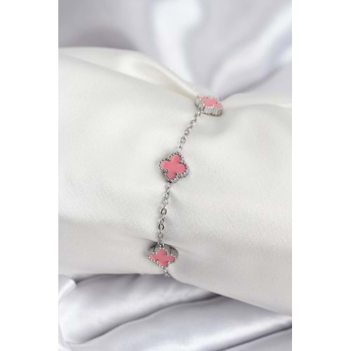 316L Çelik Gümüş Renk Pembe Baby Boy Yonca Kadın Bileklik