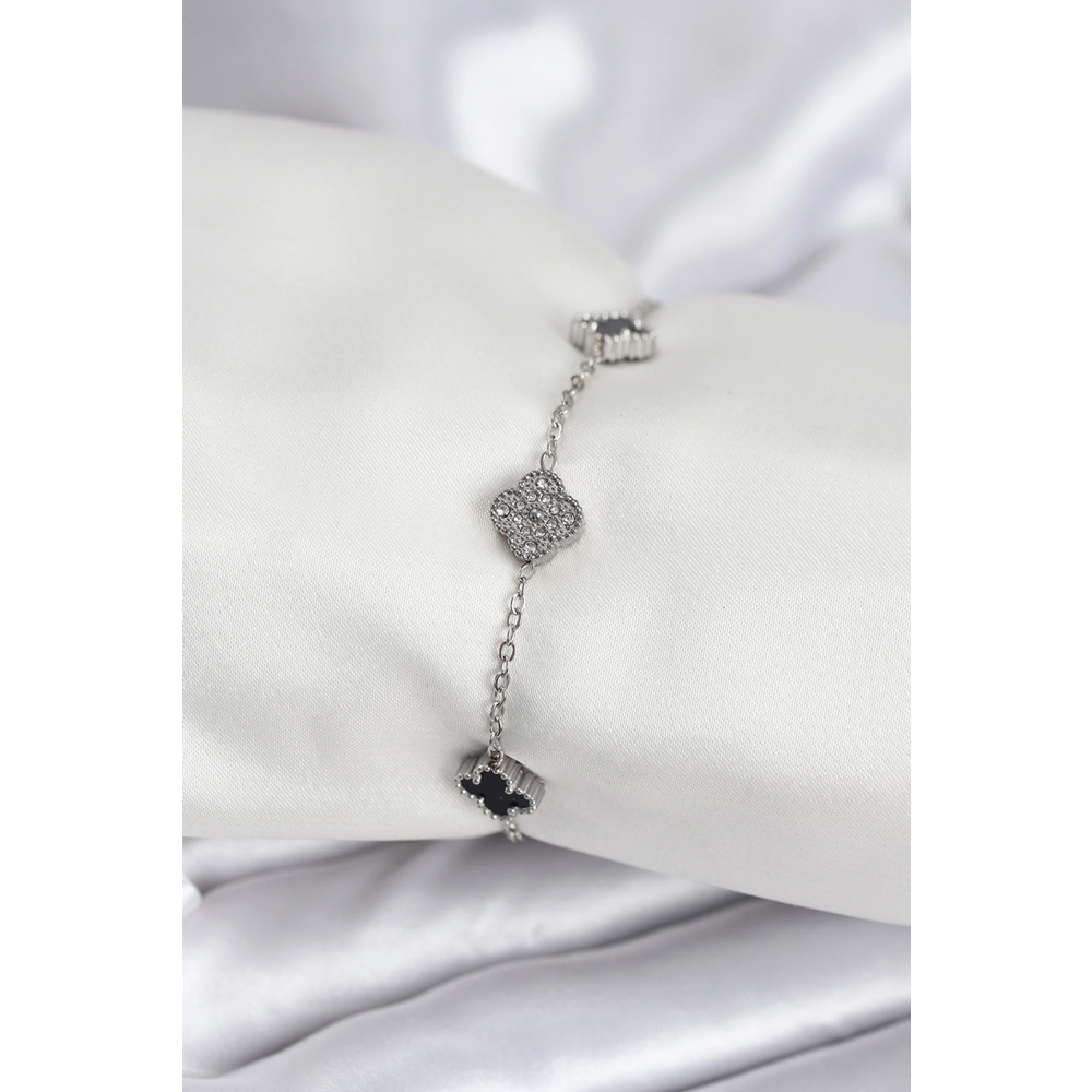 316L Çelik Gümüş Renk Siyah ve Zirkon Taşlı Baby Boy Yonca Kadın Bileklik