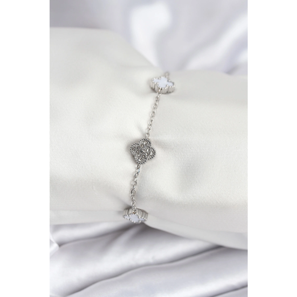 316L Çelik Gümüş Renk Beyaz ve Zirkon Taşlı Baby Boy Yonca Kadın Bileklik