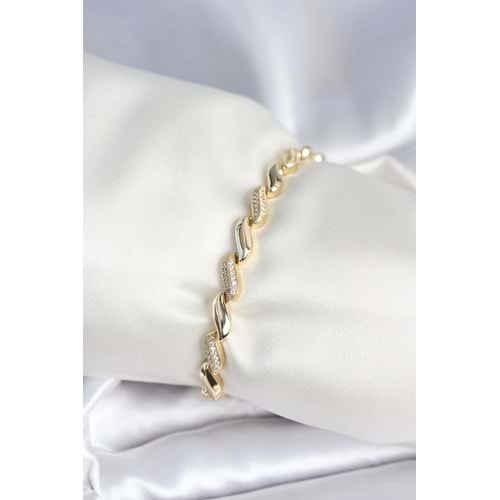 Pirinç Gold Renk Zirkon Taşlı Sarmal Model Kadın Bileklik