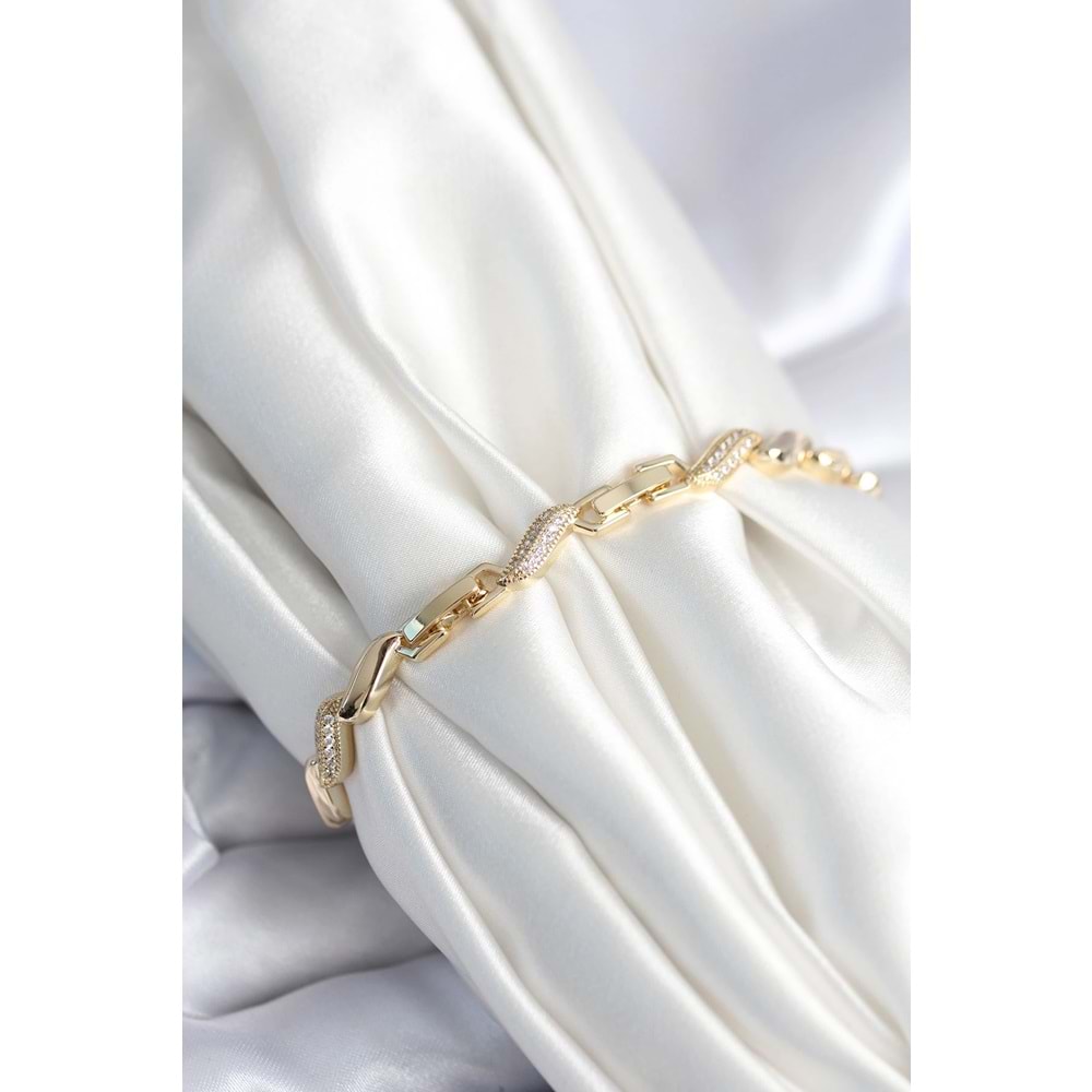 Pirinç Gold Renk Zirkon Taşlı Sarmal Model Kadın Bileklik