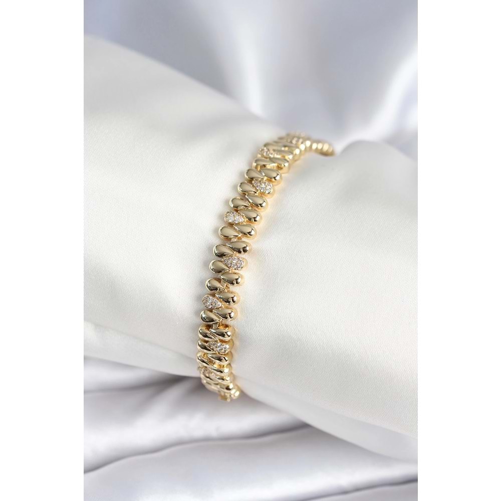 Pirinç Gold Renk Damla Model Zirkon Taşlı Kadın Bileklik