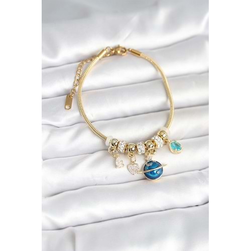 Pirinç Gold Renk Dünya Charmlı Kadın Bileklik