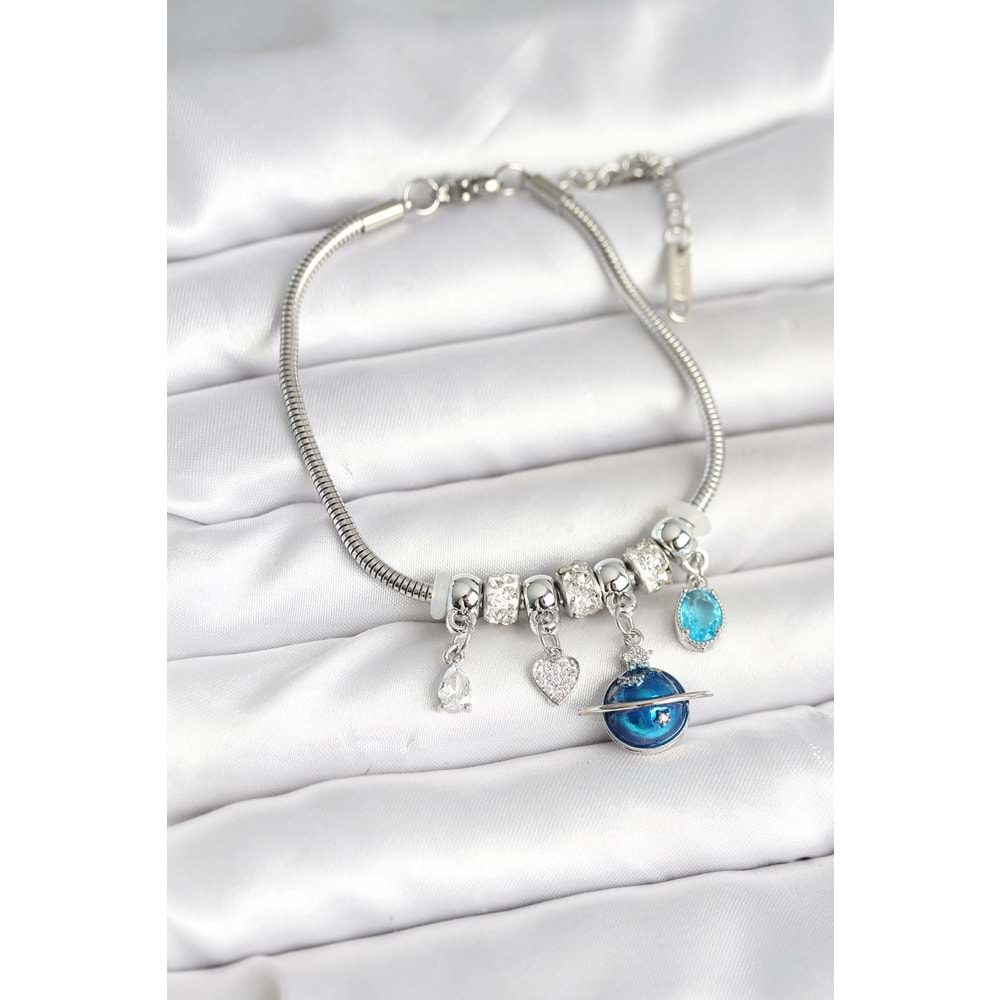 Pirinç Gümüş Renk Dünya Charmlı Kadın Bileklik