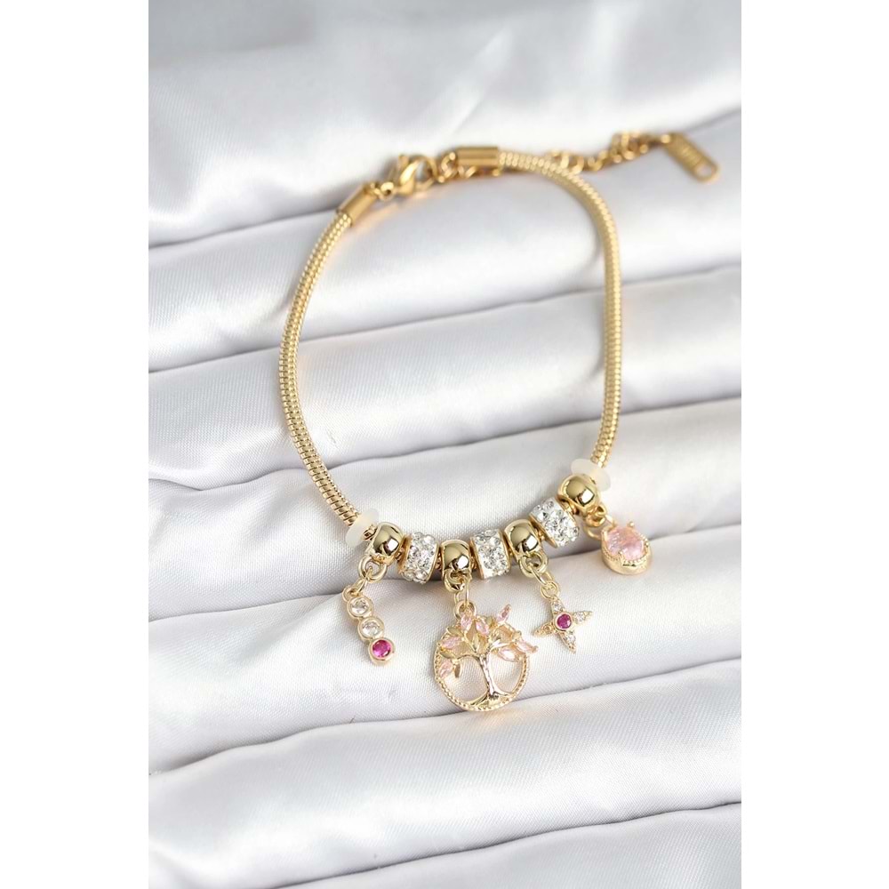 Pirinç Gold Renk Yaşam Ağacı Charmlı Kadın Bileklik