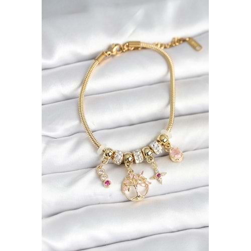 Pirinç Gold Renk Yaşam Ağacı Charmlı Kadın Bileklik