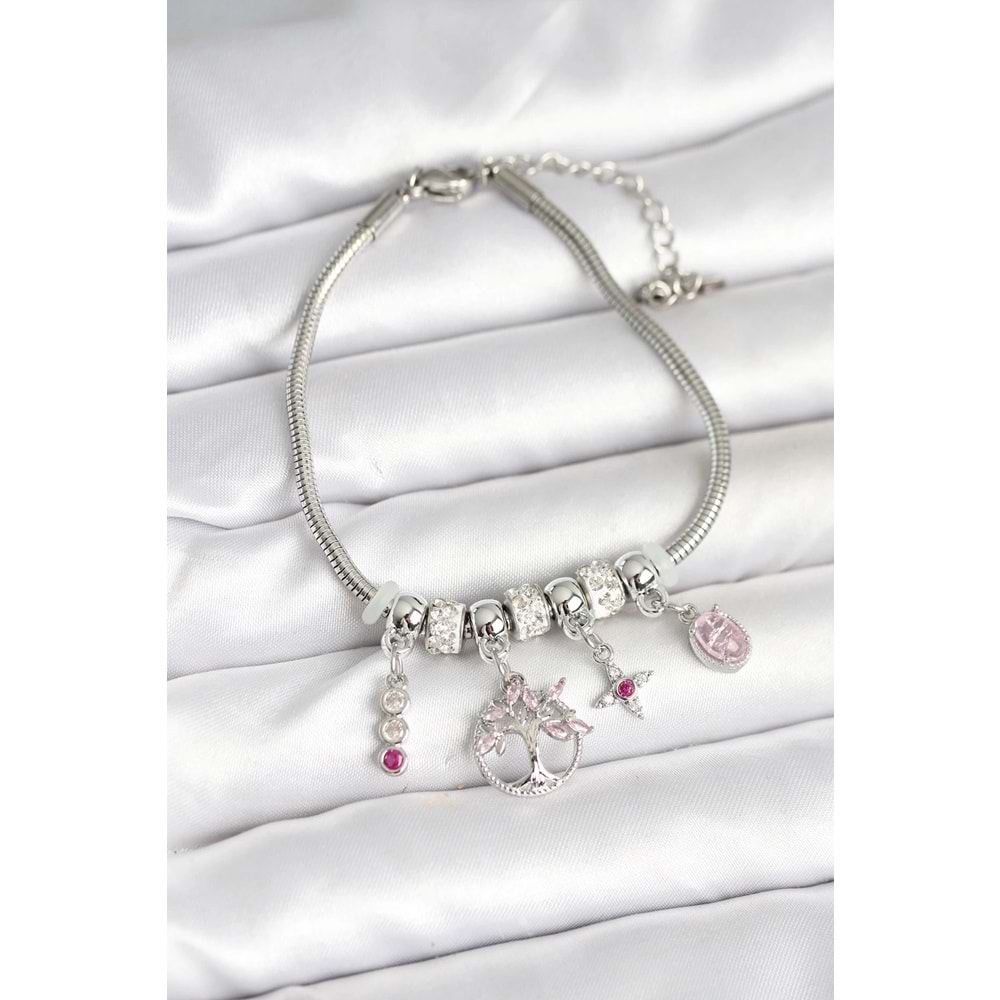 Pirinç Gümüş Renk Yaşam Ağacı Charmlı Kadın Bileklik