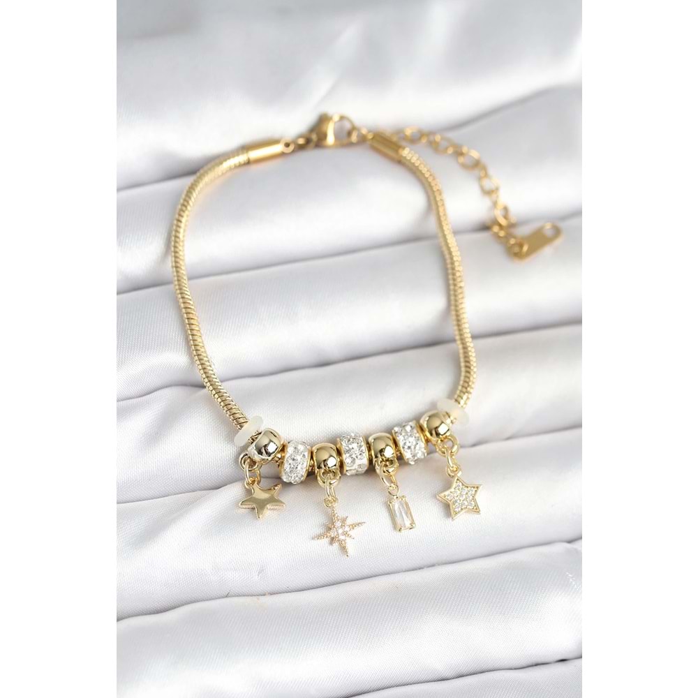 Pirinç Gold Renk Kutup Yıldızı Charmlı Kadın Bileklik