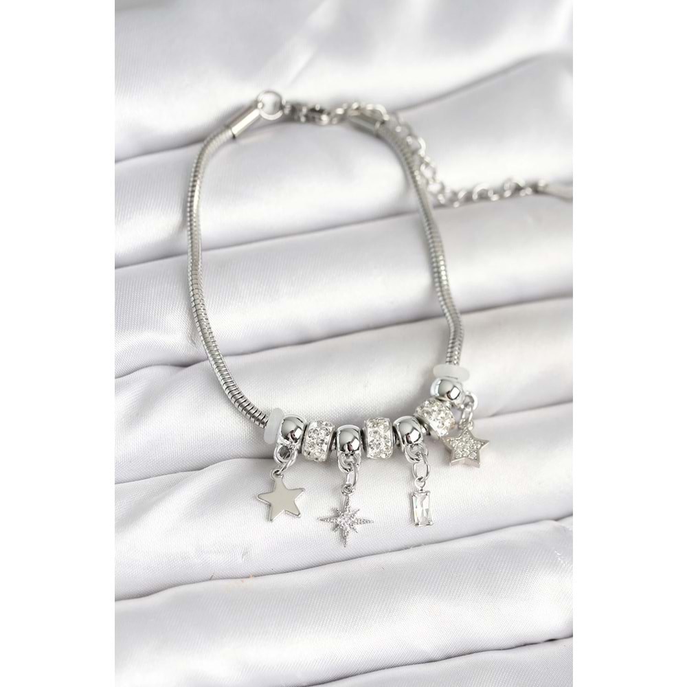 Pirinç Gümüş Renk Kutup Yıldızı Charmlı Kadın Bileklik