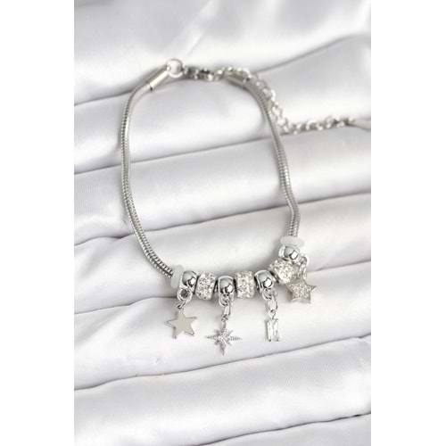 Pirinç Gümüş Renk Kutup Yıldızı Charmlı Kadın Bileklik