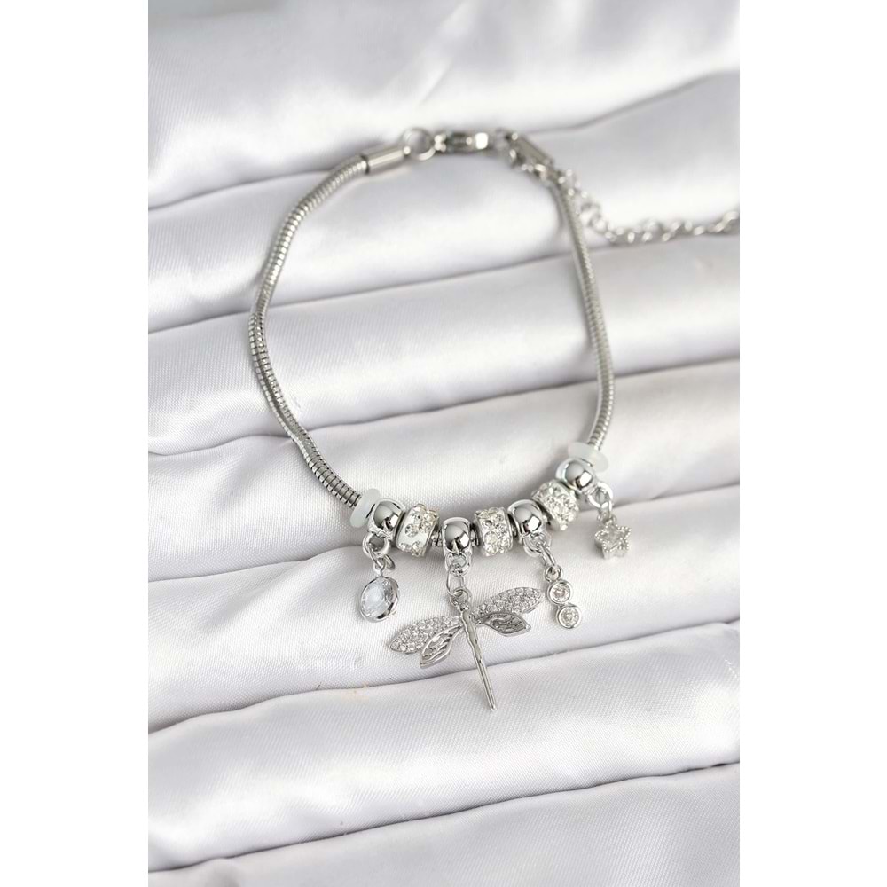 Pirinç Gümüş Renk Yusufçuk Charmlı Kadın Bileklik