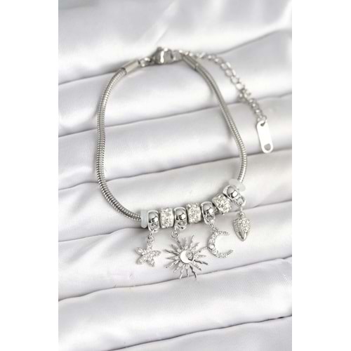 Pirinç Gümüş Renk Ay ve Güneş Charmlı Kadın Bileklik