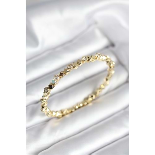 Zirkon Taşlı Küp Şerit Model Pirinç Gold Renk Kadın Bileklik