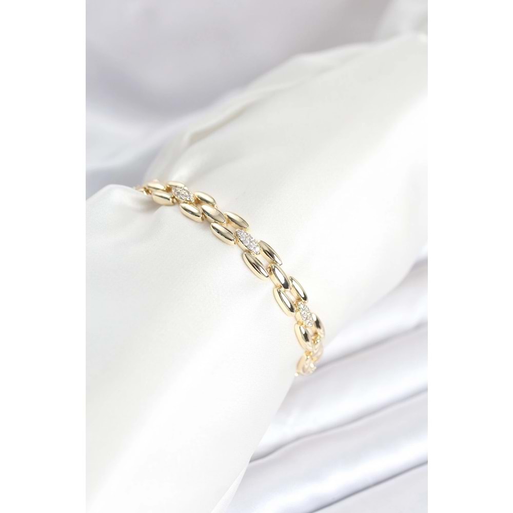 Pirinç Gold Renk Zincir Model Zirkon Taşlı Kadın Bileklik