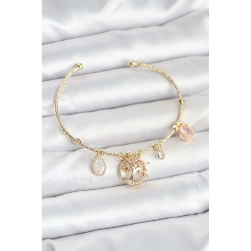 Hayat Ağacı Charmlı Gold Renk Pirinç Kadın Bileklik