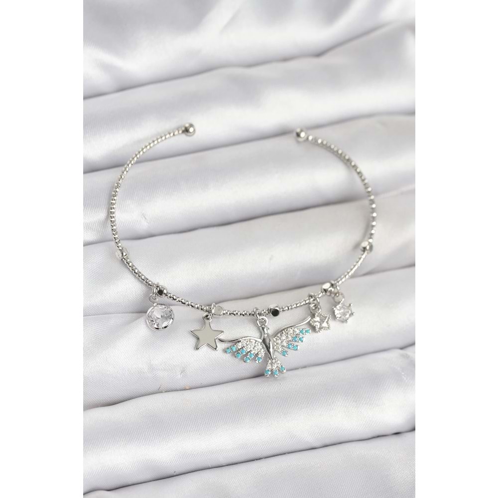 Anka Kuşu Charmlı Gümüş Renk Pirinç Kadın Bileklik