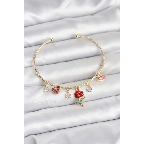 Gül Charmlı Gold Renk Pirinç Kadın Bileklik