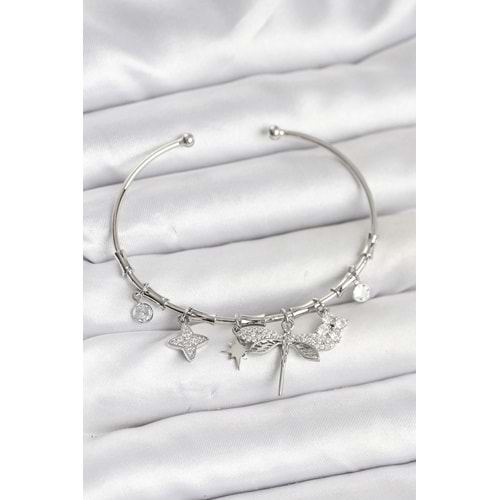 Yusufçuk Charmlı Gümüş Renk Pirinç Kadın Bileklik