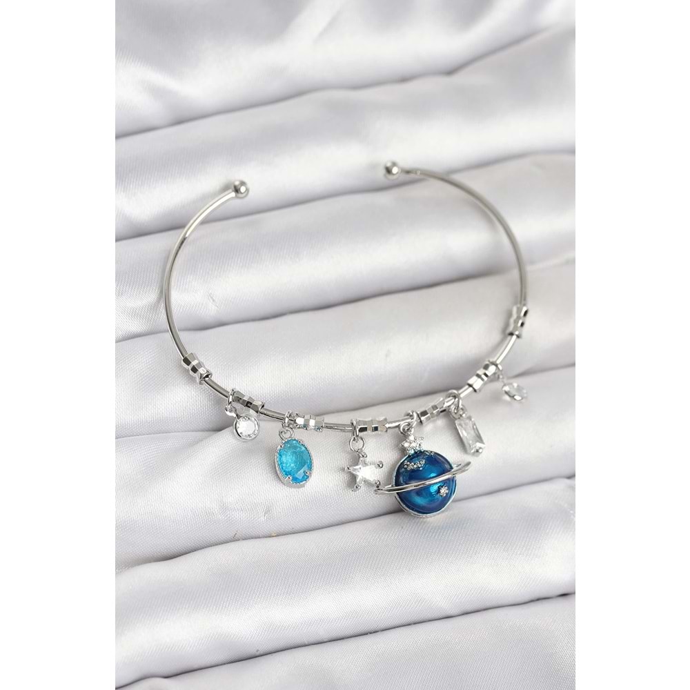 Gezegen Charmlı Gümüş Renk Pirinç Kadın Bileklik