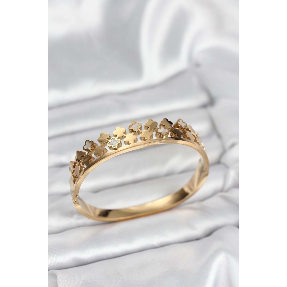 316L Çelik Gold Renk Minimal Yoncalı Kadın Kelepçe Bileklik