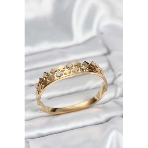 316L Çelik Gold Renk Minimal Yoncalı Kadın Kelepçe Bileklik