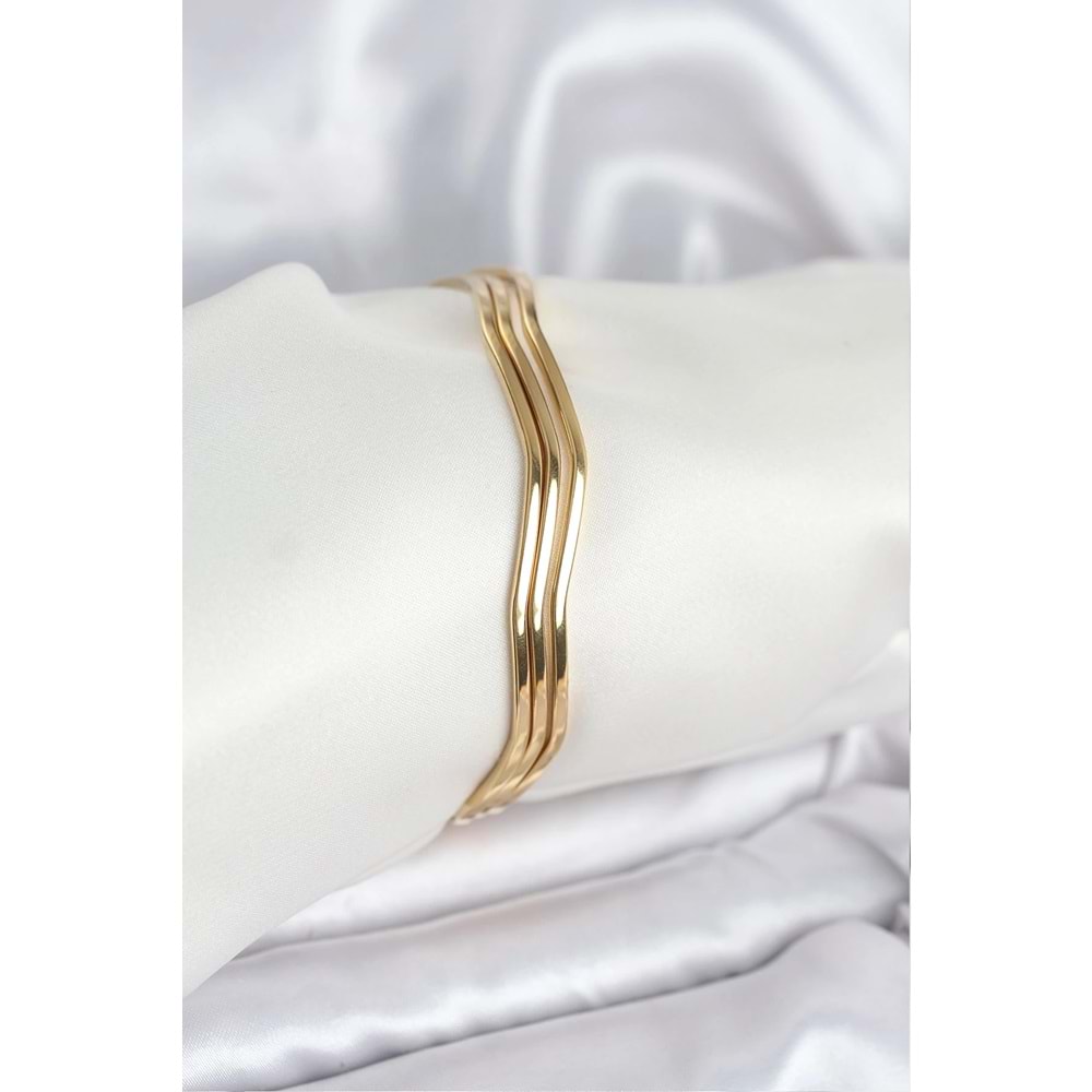 316L Çelik Gold Renk 65 mm Ajda Zikzak Model 3lü Kadın Bileklik