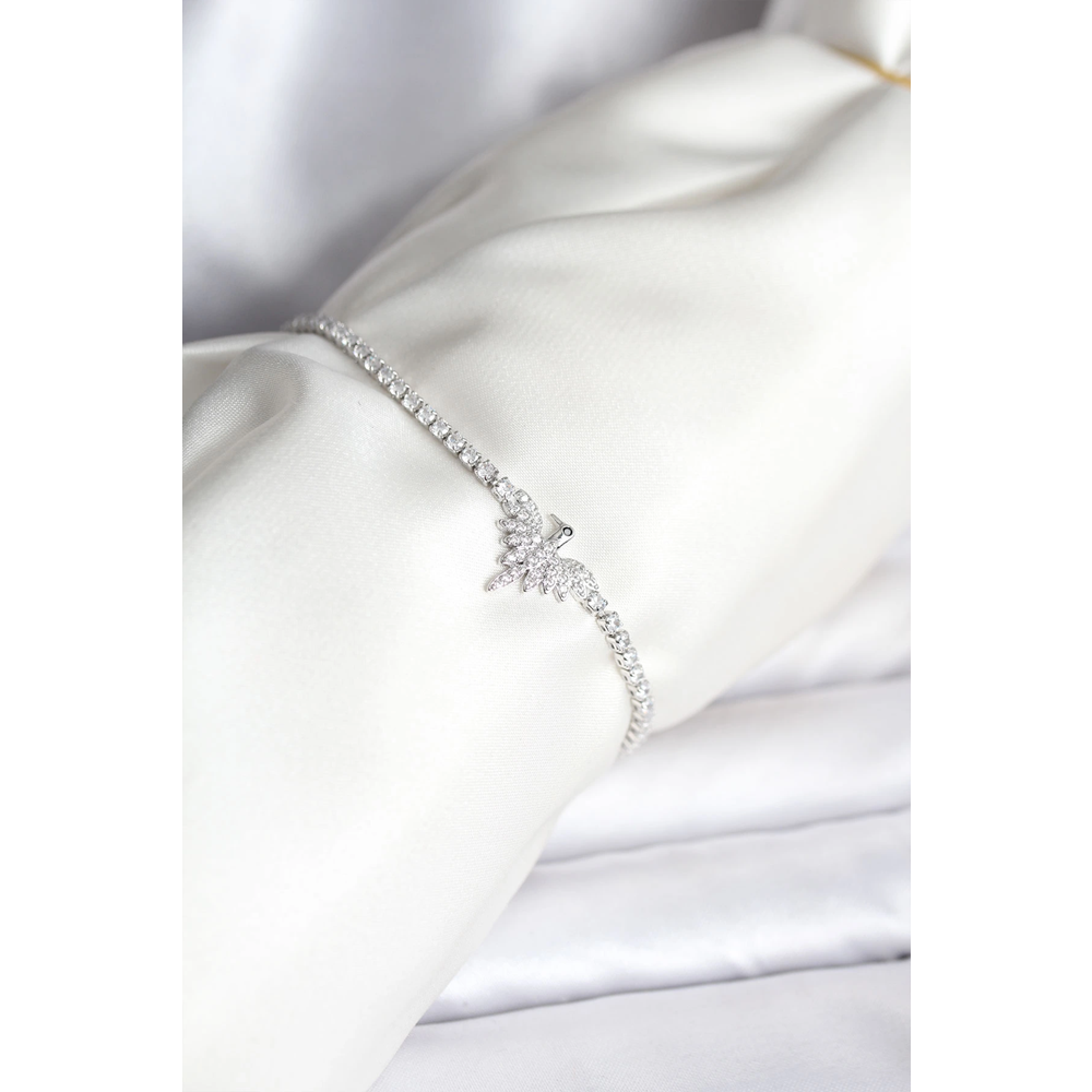 Anka Kuşu Model Zirkon Taşlı Gümüş Renk Pirinç Su Yolu Kadın Bileklik