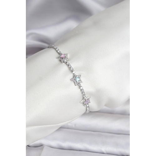 Renkli Yıldız Model Zirkon Taşlı Gümüş Renk Pirinç Su Yolu Kadın Bileklik