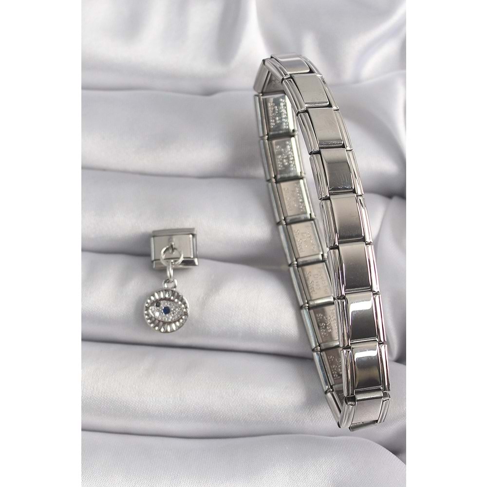 316L Çelik Gümüş Renk Sallantı Zirkon Taşlı Göz Model Nomination Charm