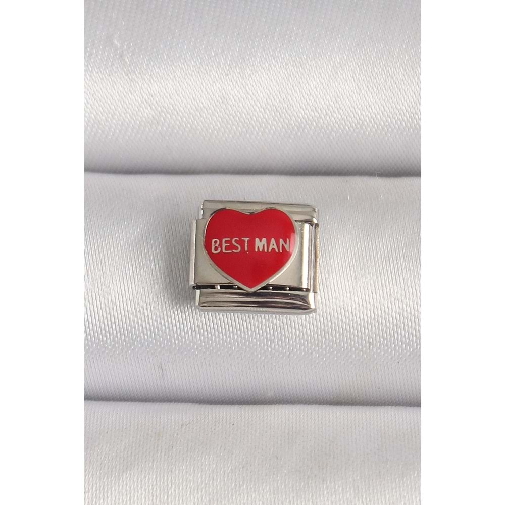 316L Çelik Gümüş Renk 'Best Man' Yazılı Kırmızı Kalp İşlemeli Nomination Charm