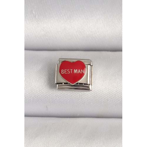 316L Çelik Gümüş Renk 'Best Man' Yazılı Kırmızı Kalp İşlemeli Nomination Charm