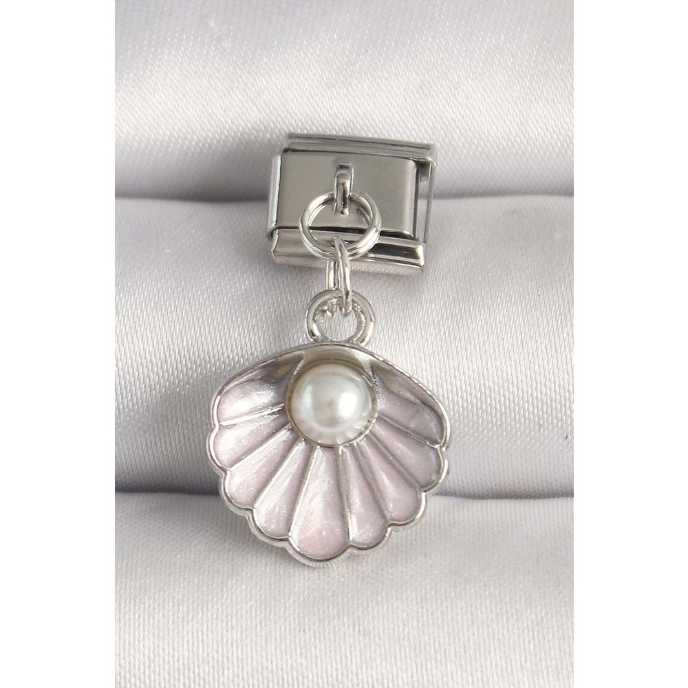 316L Çelik Gümüş Renk Pembe Deniz Kabuğu Model İnci Detay Nomination Charm