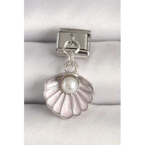 316L Çelik Gümüş Renk Pembe Deniz Kabuğu Model İnci Detay Nomination Charm