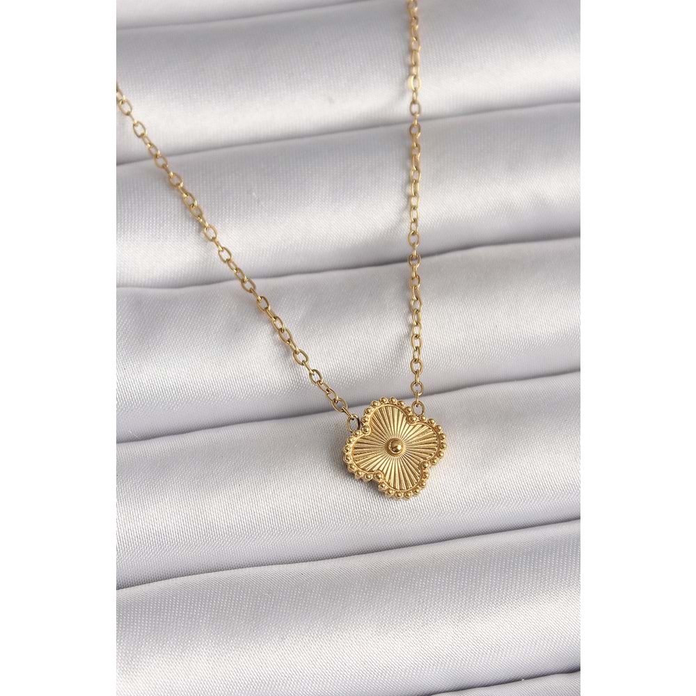 316L Çelik Gold Renk İşleme Detaylı Yonca Model Kadın Kolye