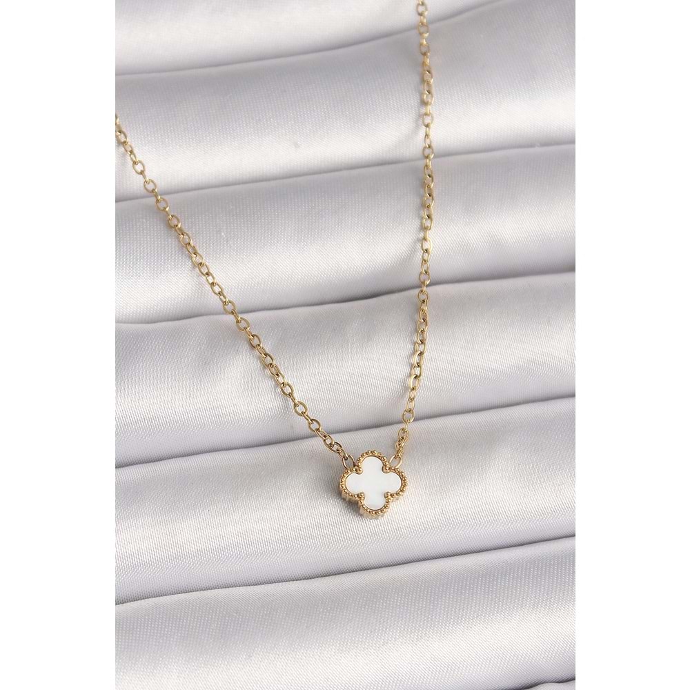 316L Çelik Gold Renk Beyaz Yonca Model Kadın Kolye