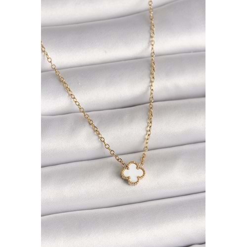 316L Çelik Gold Renk Beyaz Yonca Model Kadın Kolye