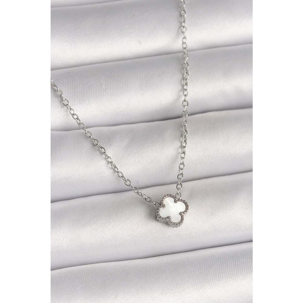 316L Çelik Gümüş Renk Beyaz Yonca Model Kadın Kolye