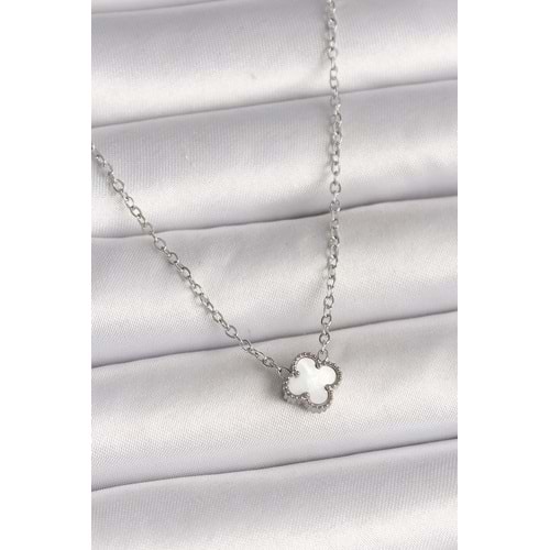 316L Çelik Gümüş Renk Beyaz Yonca Model Kadın Kolye