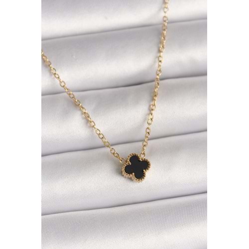 316L Çelik Gold Renk Siyah Yonca Model Kadın Kolye