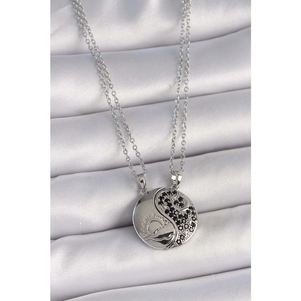 316L Çelik Gümüş Renk Zincir Zirkon Taşlı Ying Yang Model Gün Batımı İşlemeli Arakdaşlık Kadın Kolye
