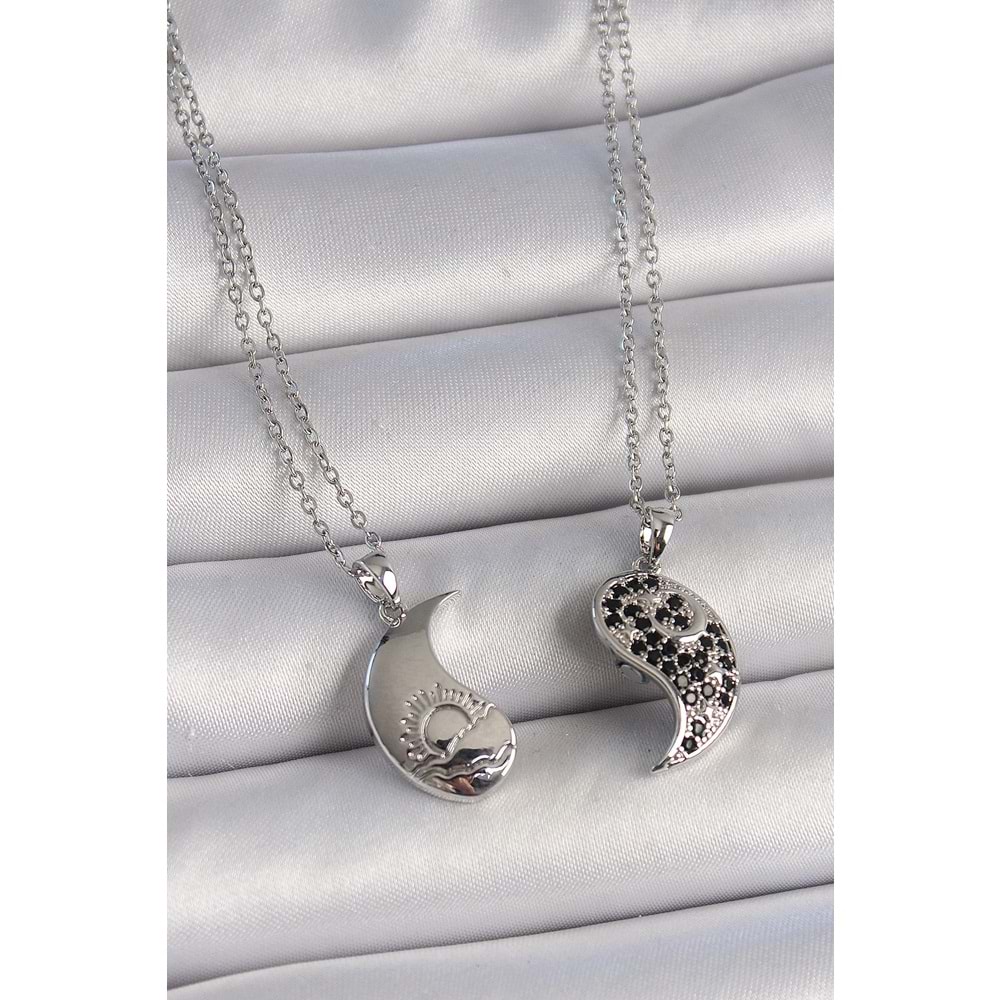 316L Çelik Gümüş Renk Zincir Zirkon Taşlı Ying Yang Model Gün Batımı İşlemeli Arakdaşlık Kadın Kolye
