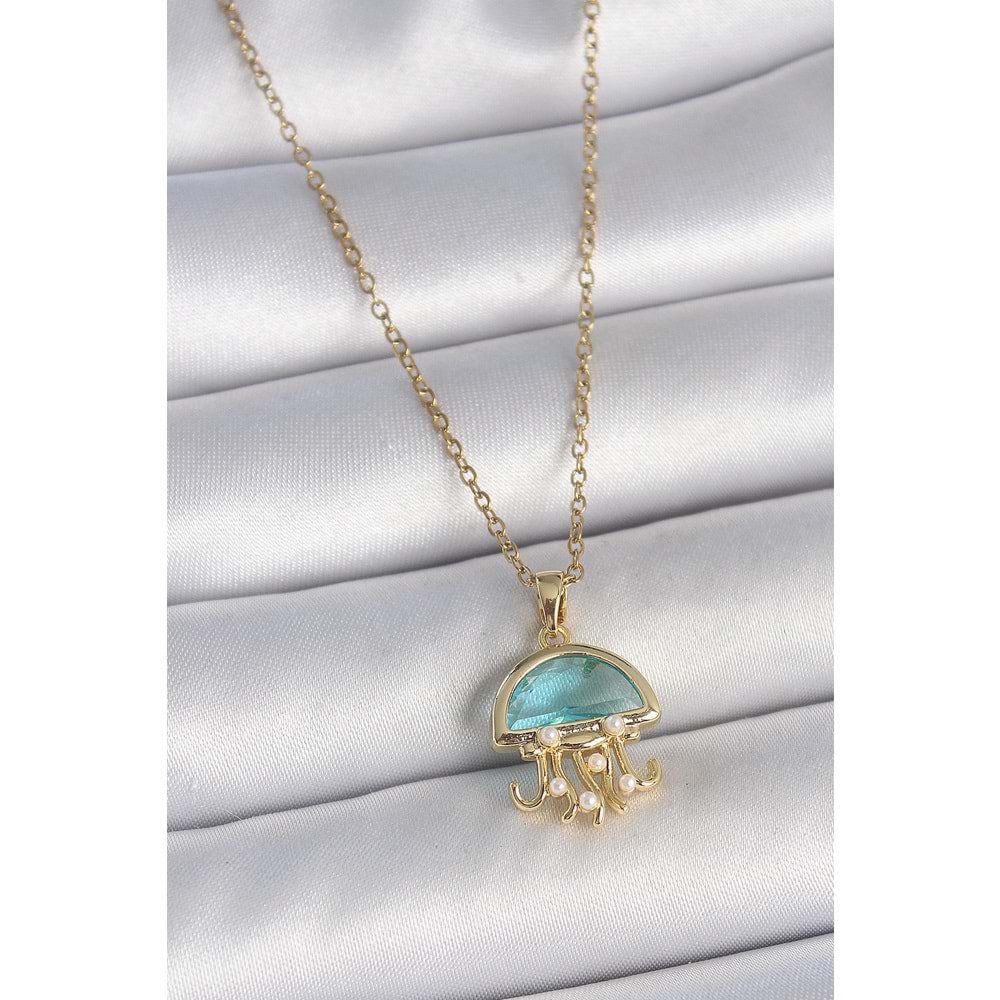 316L Çelik Gold Renk Mavi Taşlı Deniz Anası Model İnci Detay Kadın Kolye